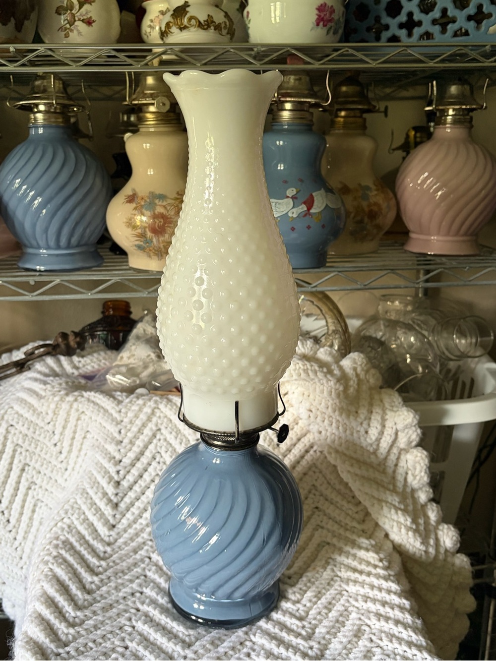 Vintage-Style Blue Kadaan Oil Lamp with White Hobnail Shade